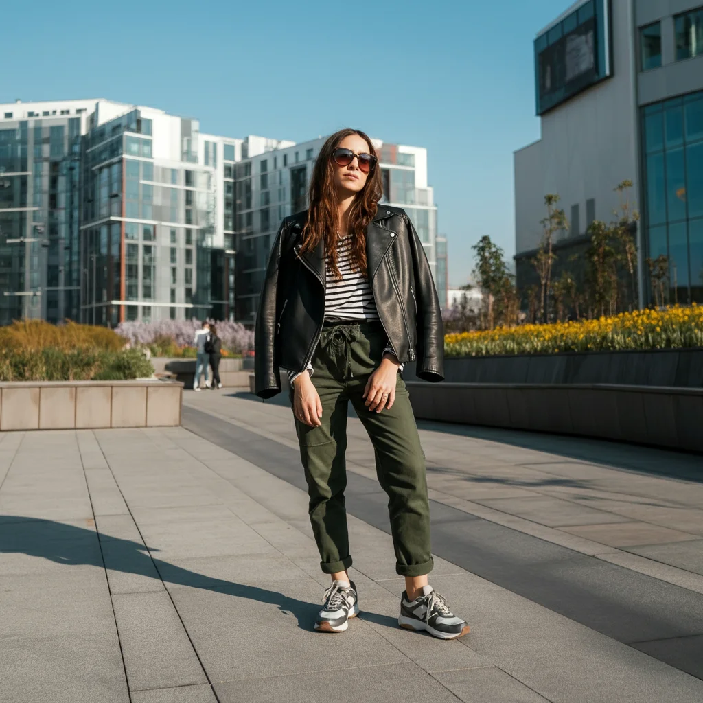 Leather Jacket with Sneakers & Khaki Pants