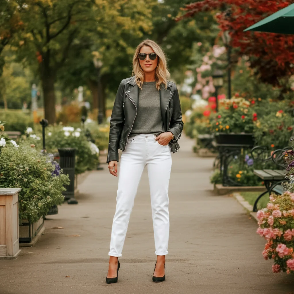 Leather Jacket with White Jeans