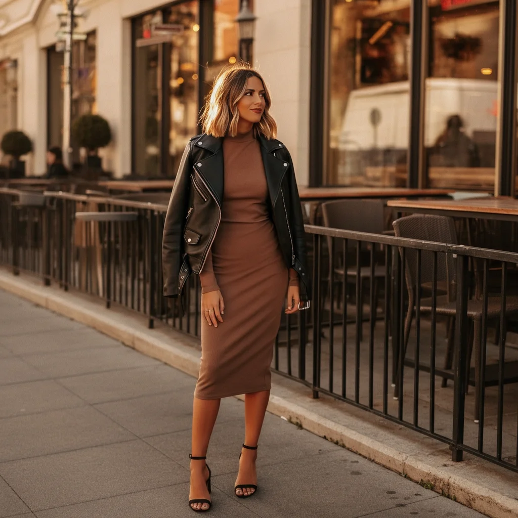 Leather Jacket with a Fitted Midi Dress