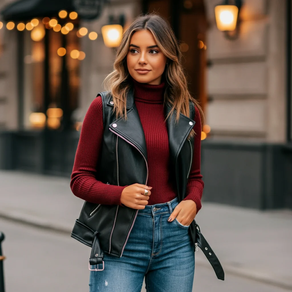 Leather Vest with Turtleneck