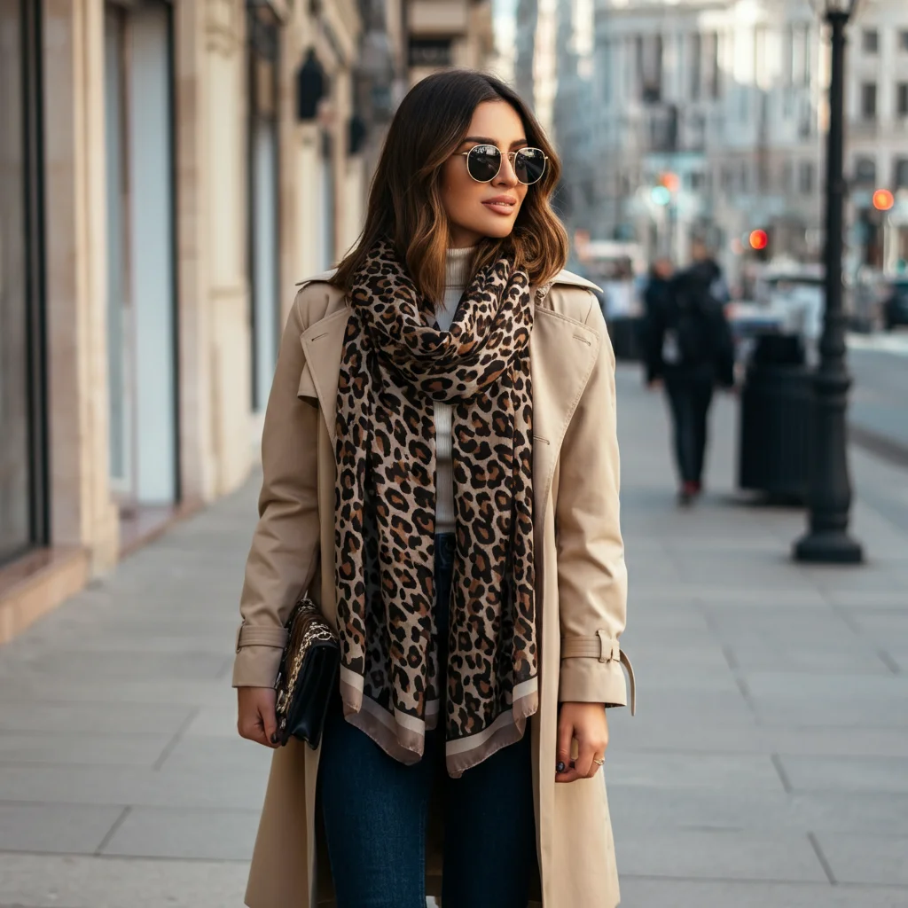 Leopard Print Scarf with Trench Coat