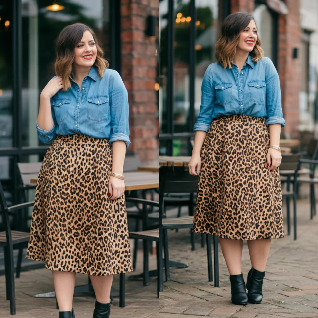 Leopard Skirt with Chambray Shirt