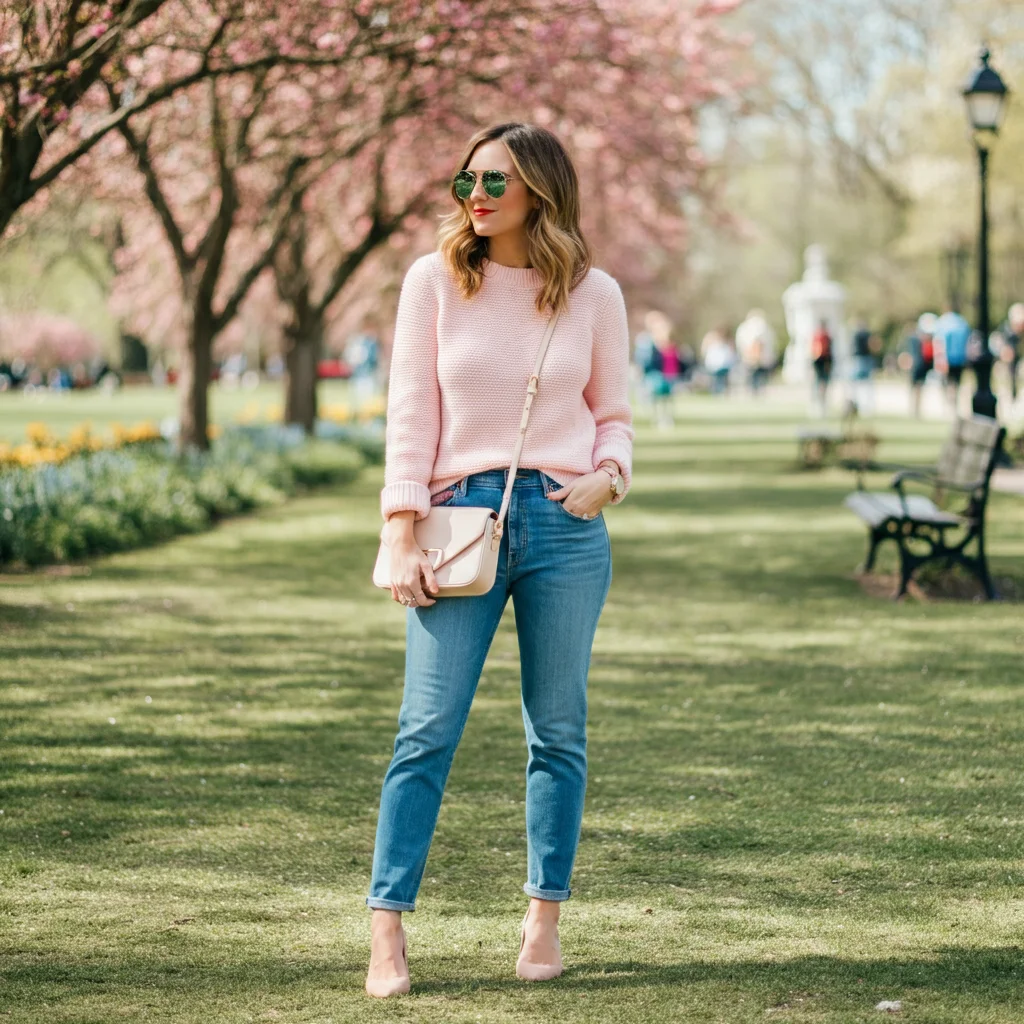Light Pink Sweater with Blue Jeans
