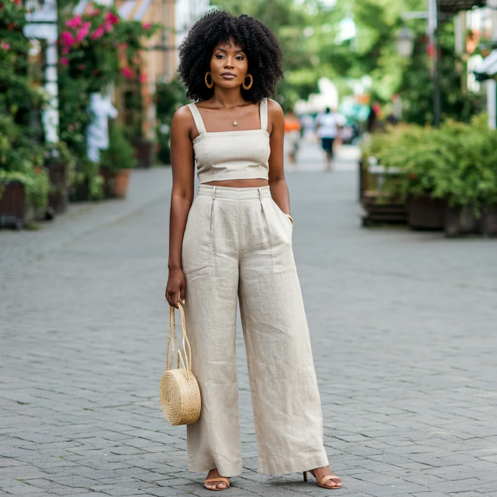 Linen wide-leg pants with a crop top