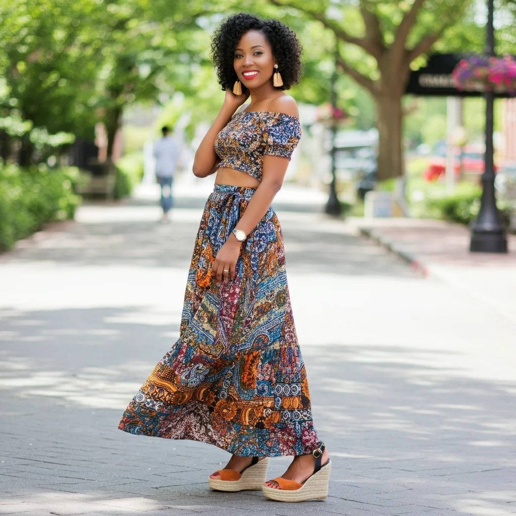 Maxi skirt with crop top and wedges