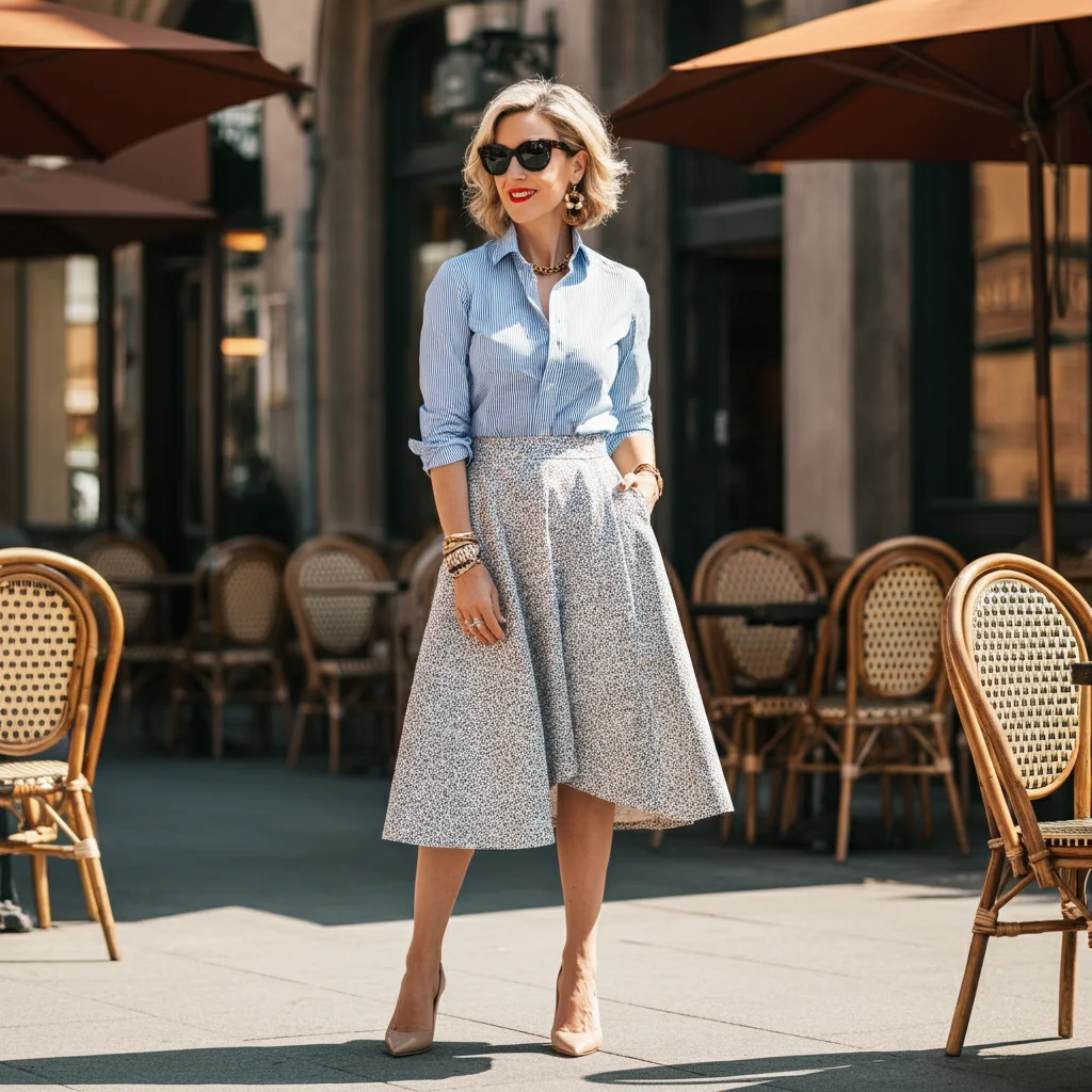 Midi Skirt with a Button-down Shirt