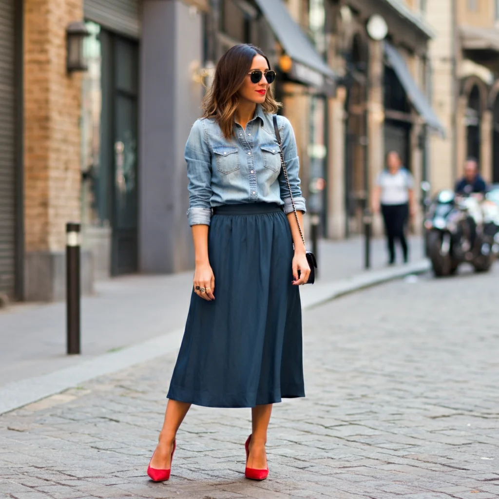 Midi Skirt with a Denim Shirt