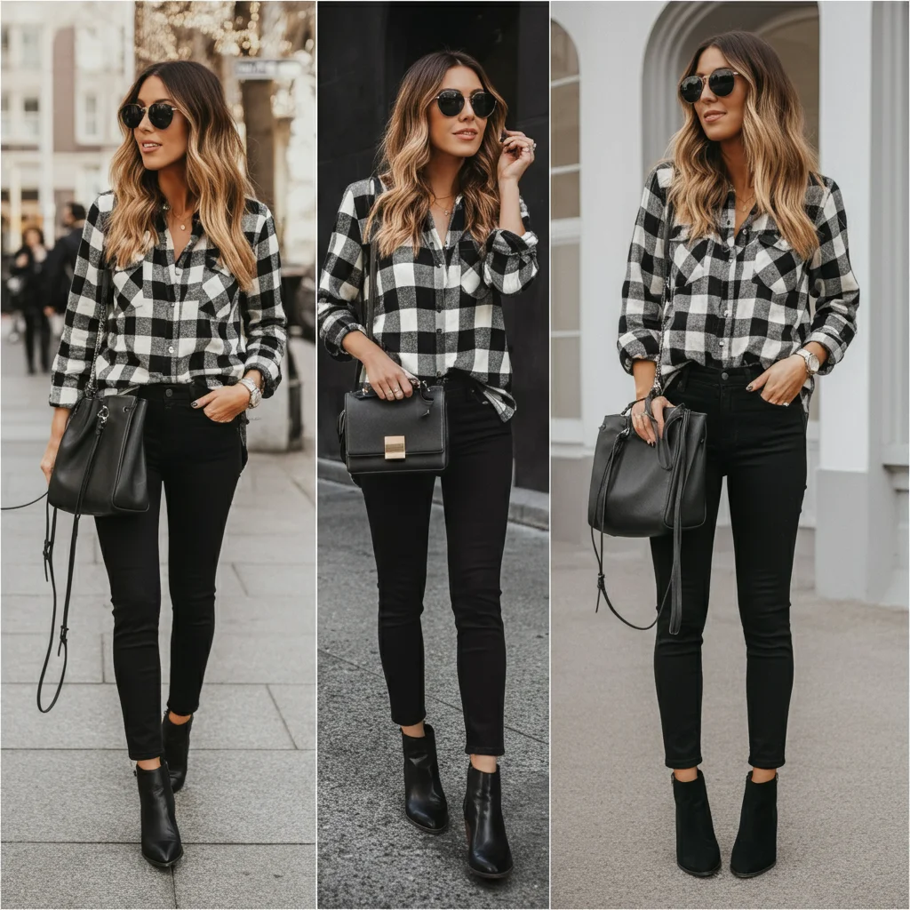 Monochrome Plaid Shirt with Black Skinny Jeans