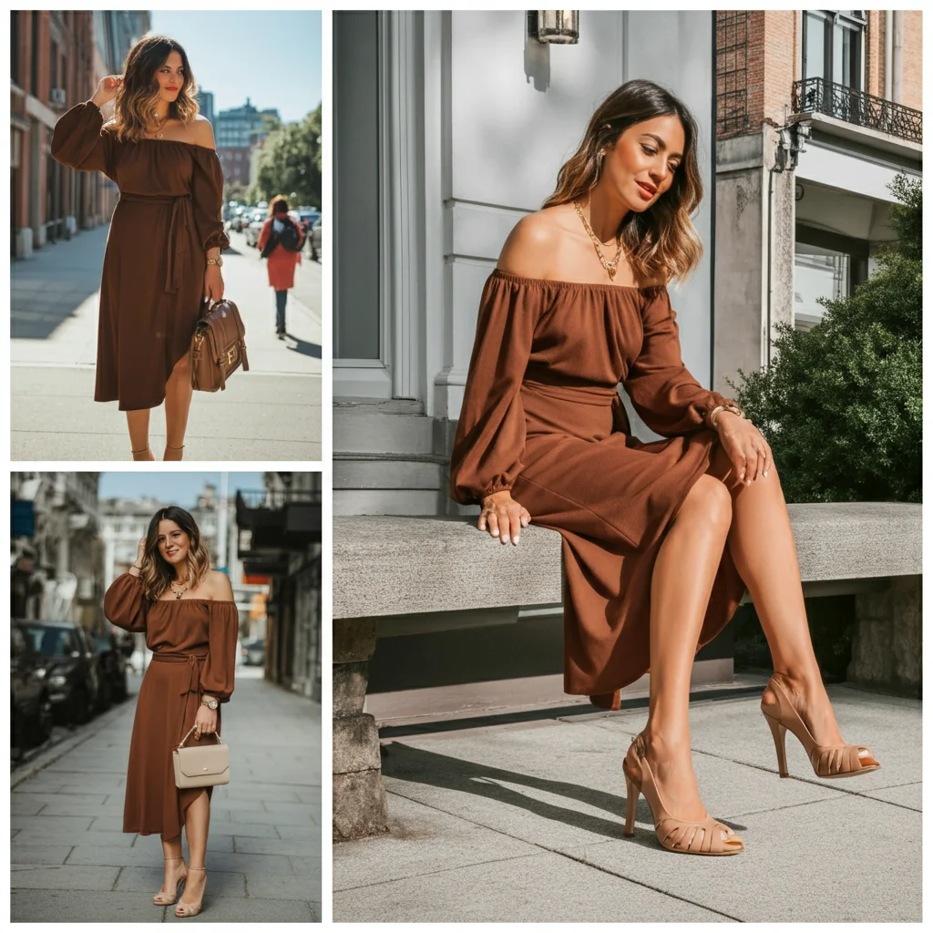 Off-Shoulder Brown Dress with Statement Heels