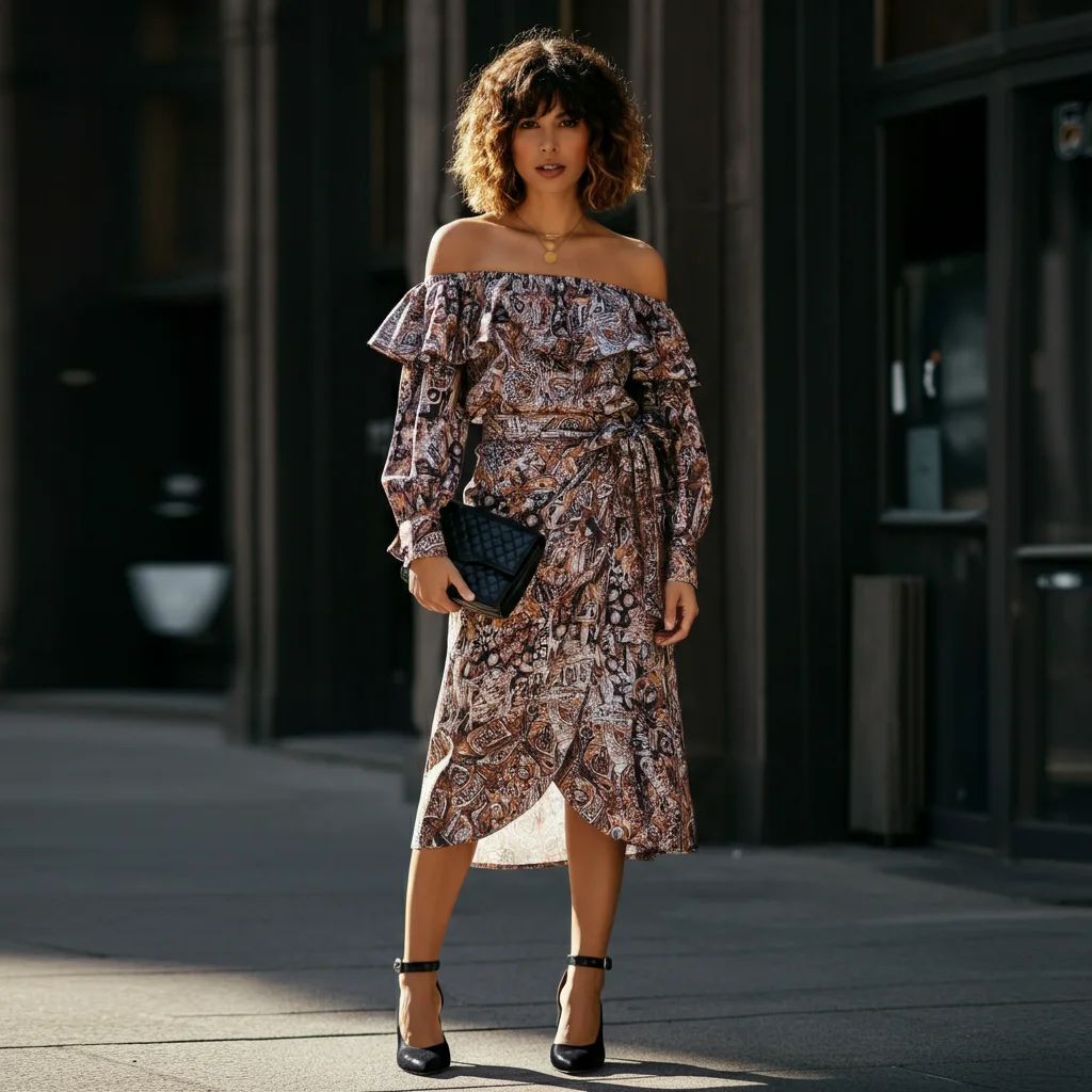 Off-shoulder blouse with Midi Wrap Skirt
