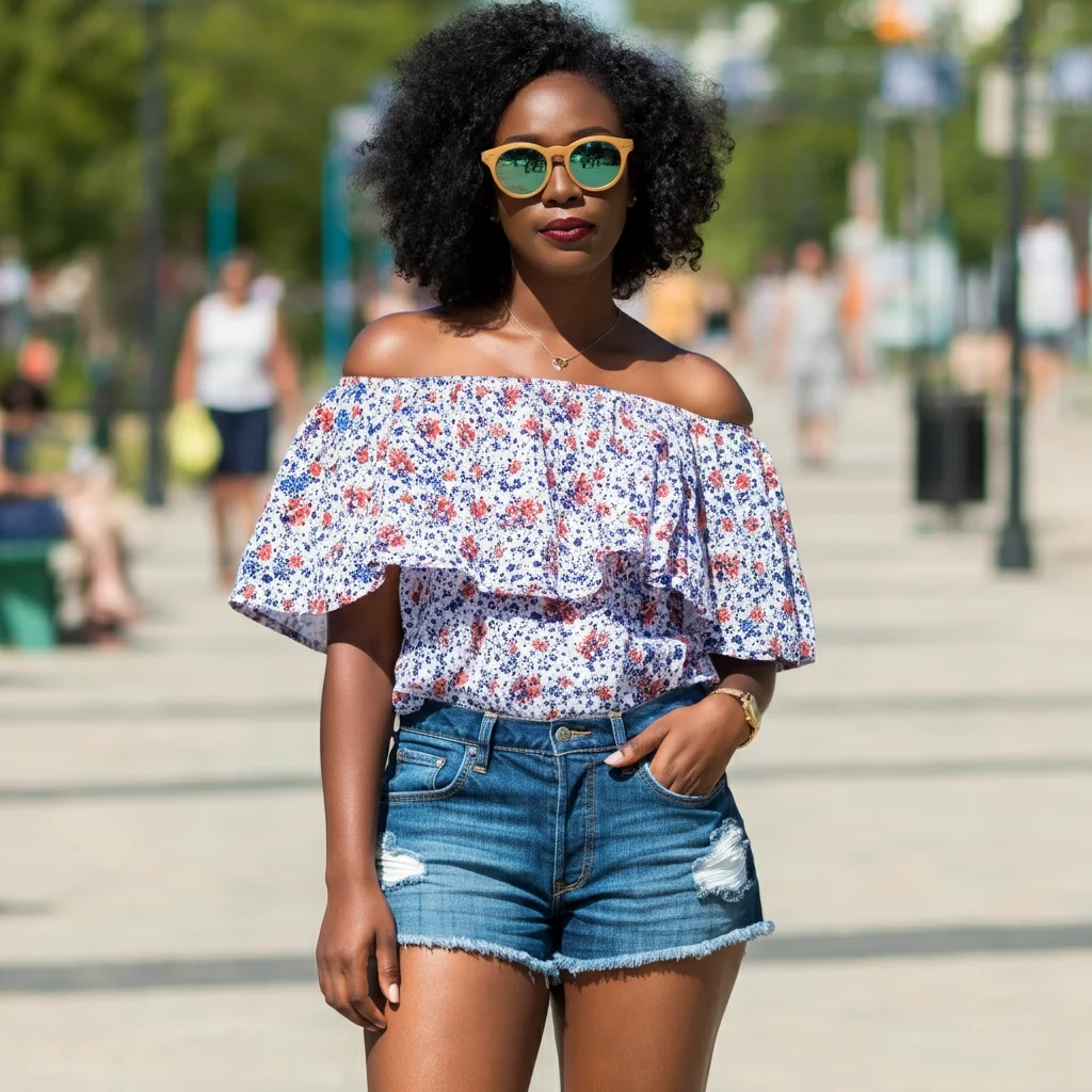 Off-the-shoulder top with denim shorts