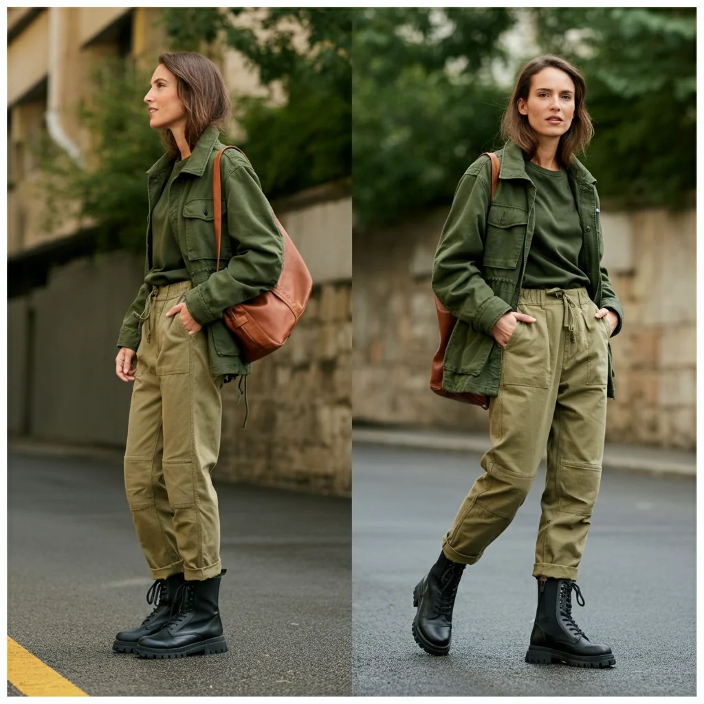Olive Green Jacket with Black Boots & Khaki Pants