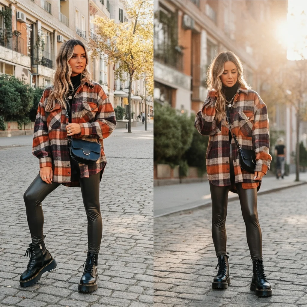 Oversized Plaid Shirt with Leggings and Combat Boots