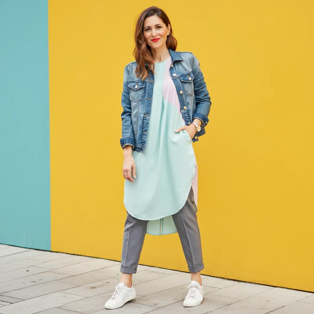 Pastel Colored Dress with a Denim Jacket