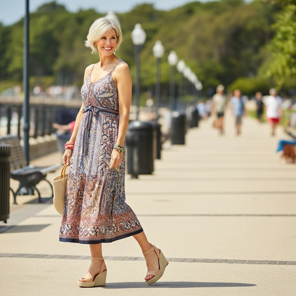 Patterned Sundress and Wedge Sandals