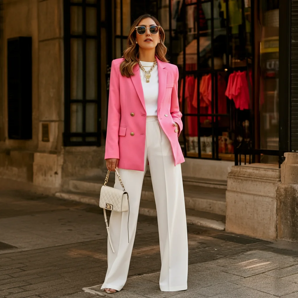 Pink Blazer and White Pants