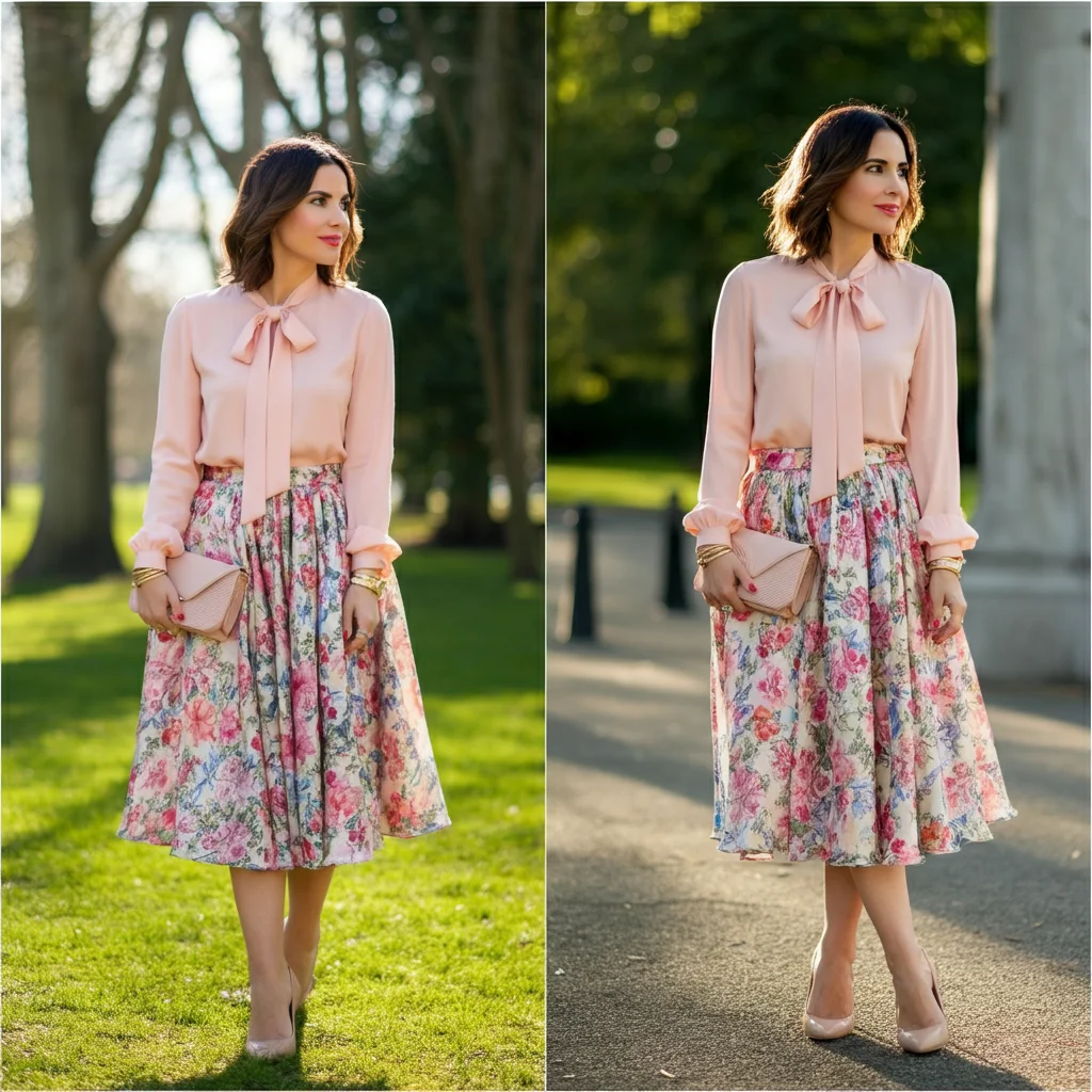 Pink Blouse with Floral Skirt