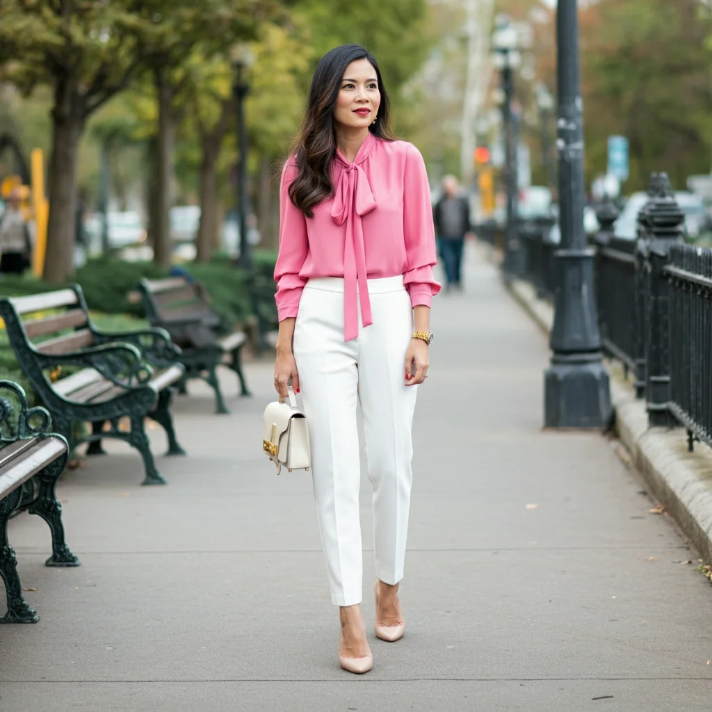 Pink Blouse with White Pants