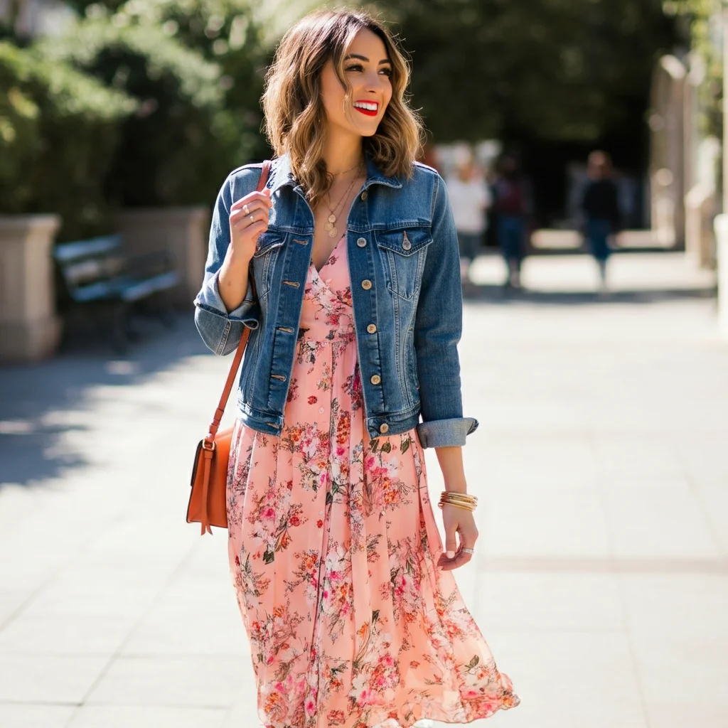 Pink Floral Dress with Denim Jacket