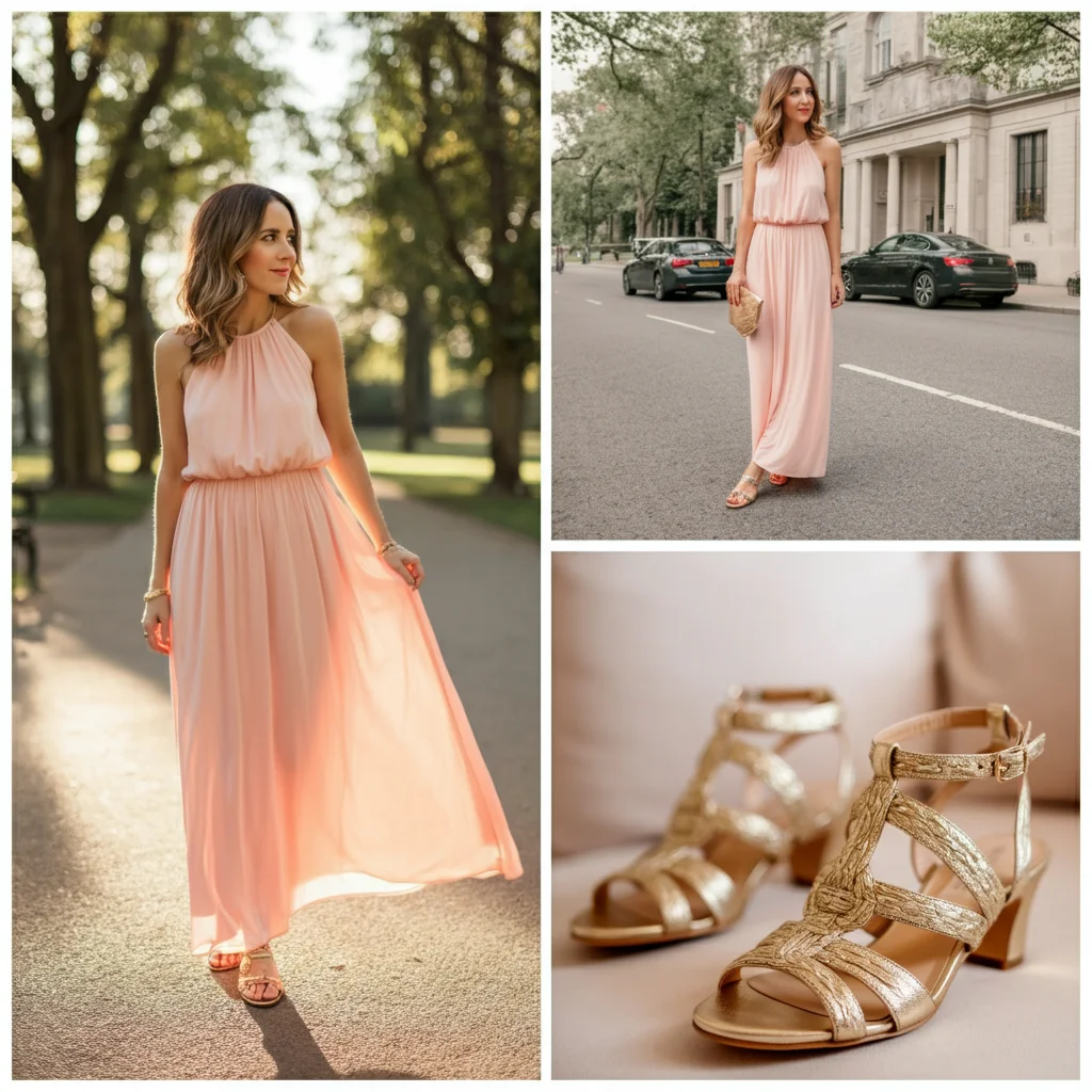 Pink Maxi Dress with Gold Sandals
