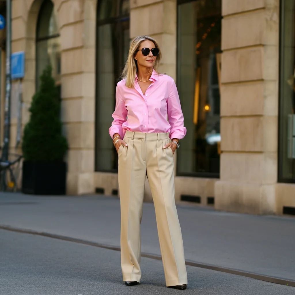 Pink Shirt and Beige Trousers