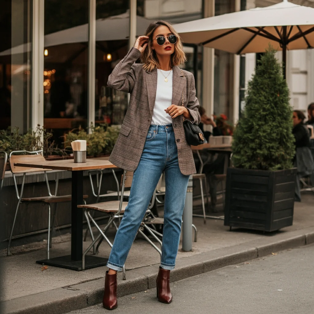 Plaid Blazer with High-Waisted Jeans