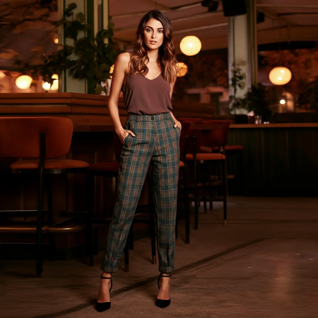 Plaid Pants with a Solid Tank Top