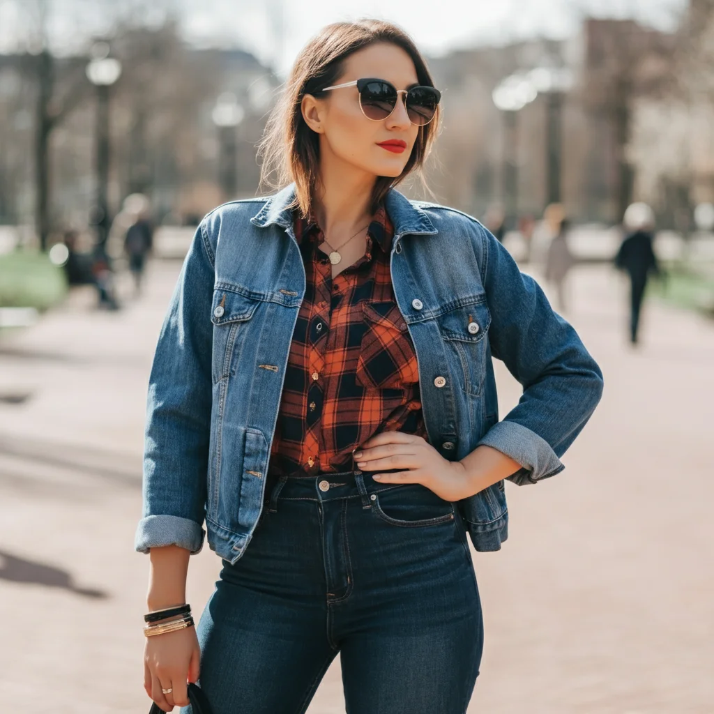 Plaid Shirt with Denim Jacket