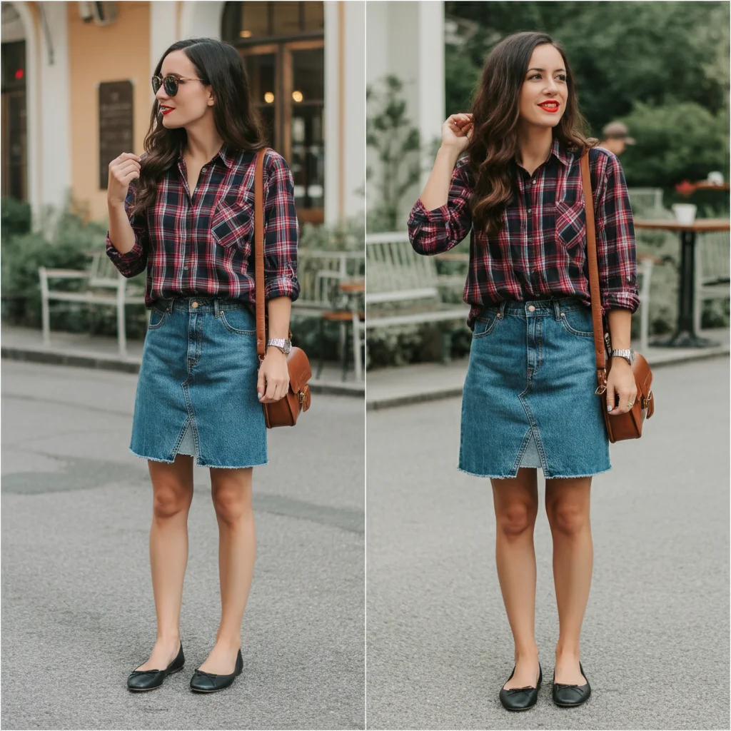 Plaid Shirt with Denim Skirt and Flats