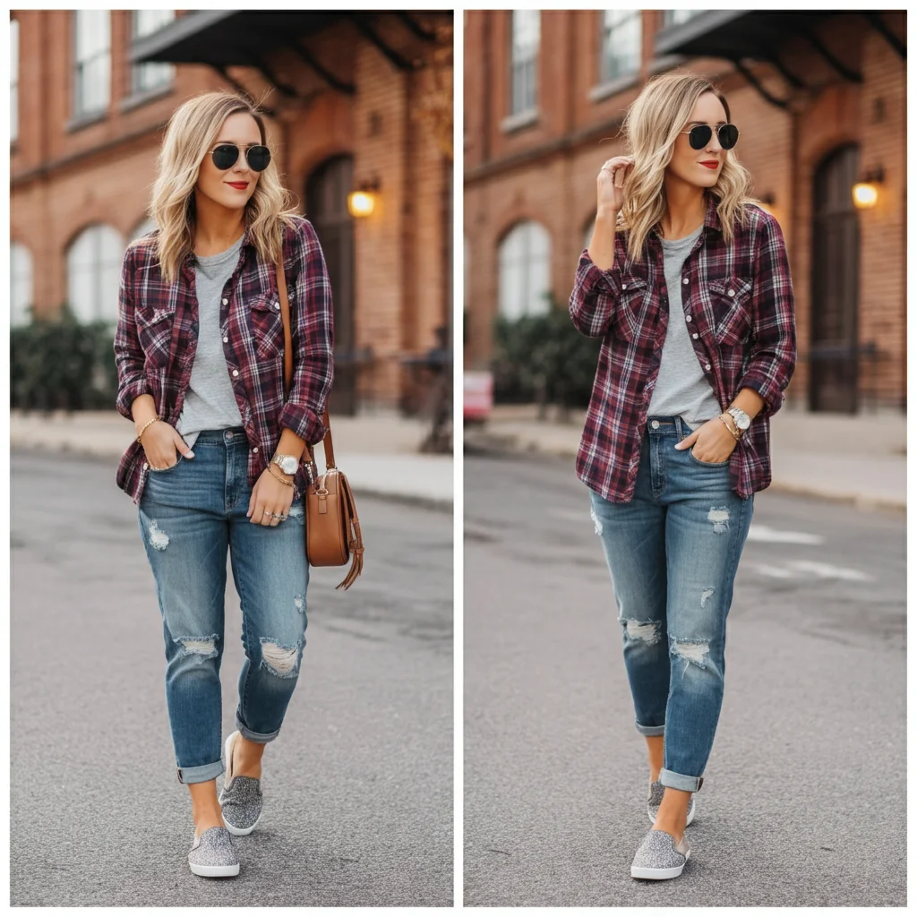 Plaid Shirt with Distressed Jeans and Slip-Ons