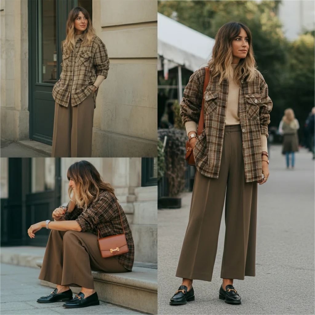 Plaid Shirt with Wide-Leg Pants and Loafers