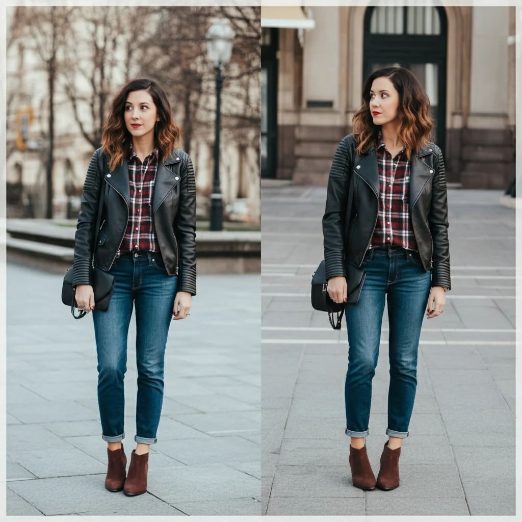 Plaid Shirt with a Leather Jacket and Denim