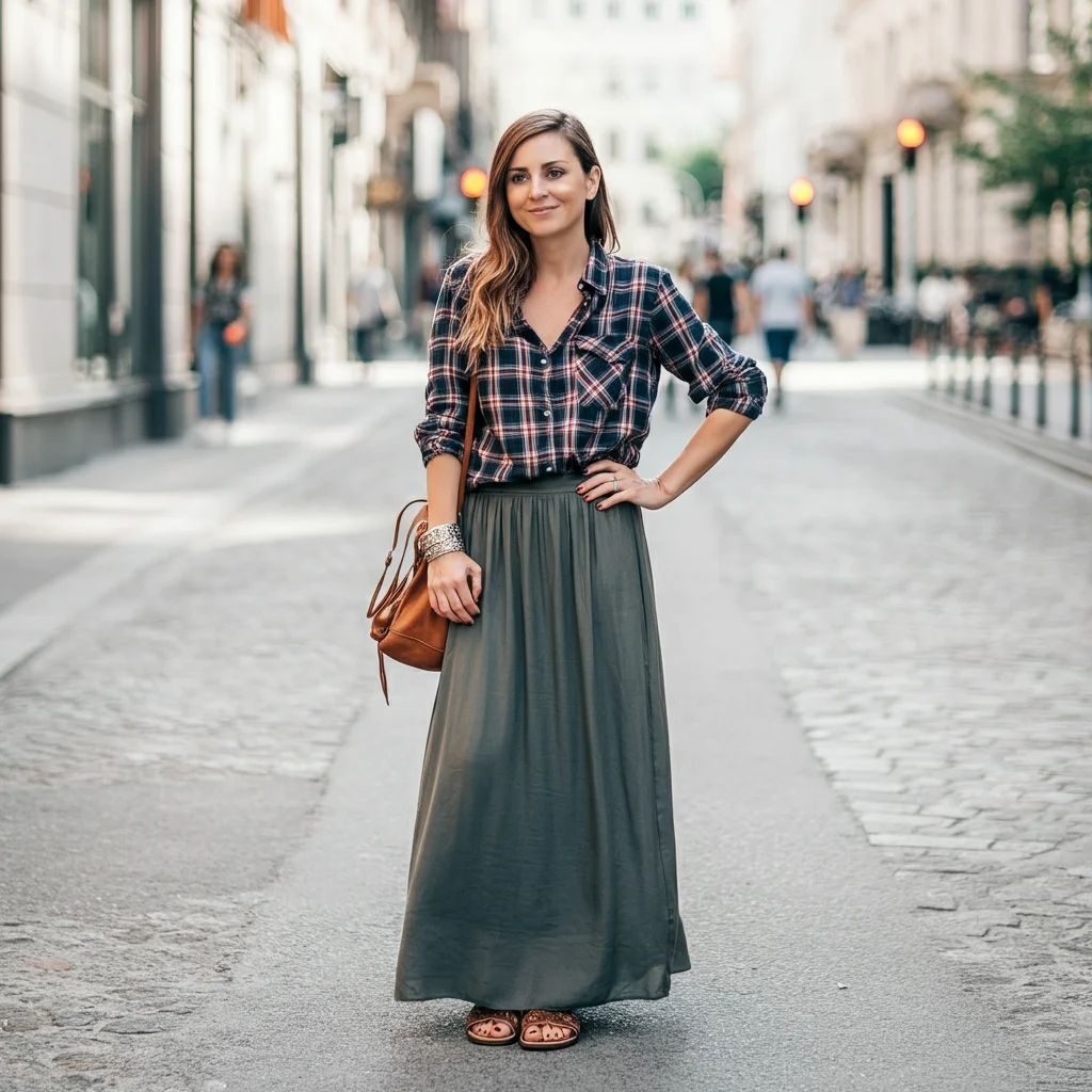 Plaid Shirt with a Maxi Skirt and Sandals