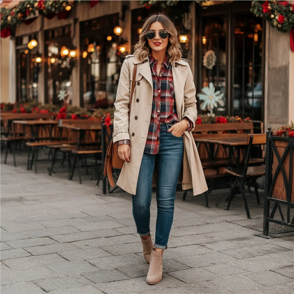Plaid Shirt with a Trench Coat and Ankle Boots