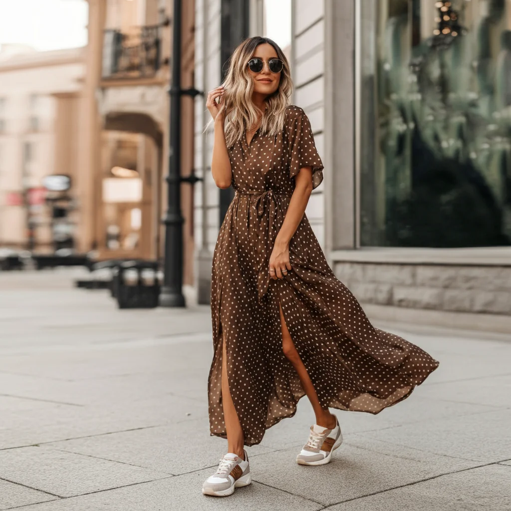Polka Dot Maxi Dress with Sneakers