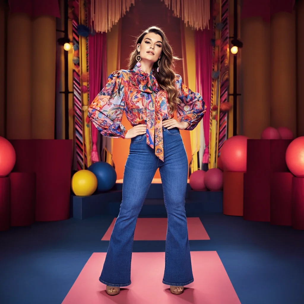 Printed Blouse and Flared Jeans