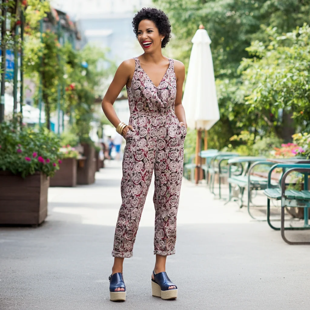 Printed jumpsuit with platform shoes