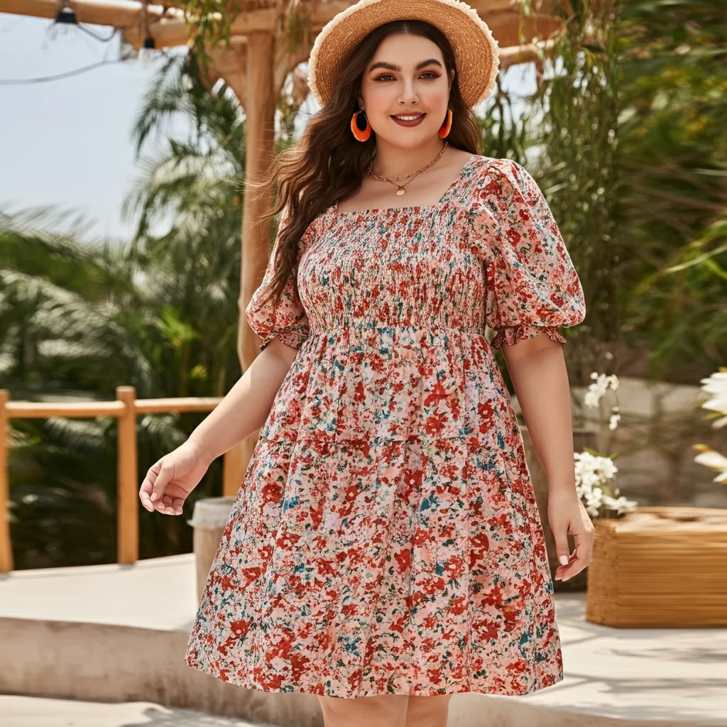 Puff Sleeve Smock Dress with Floral Prints