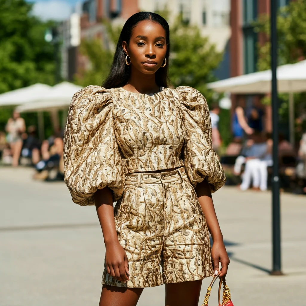 Puff-sleeved blouse with matching shorts