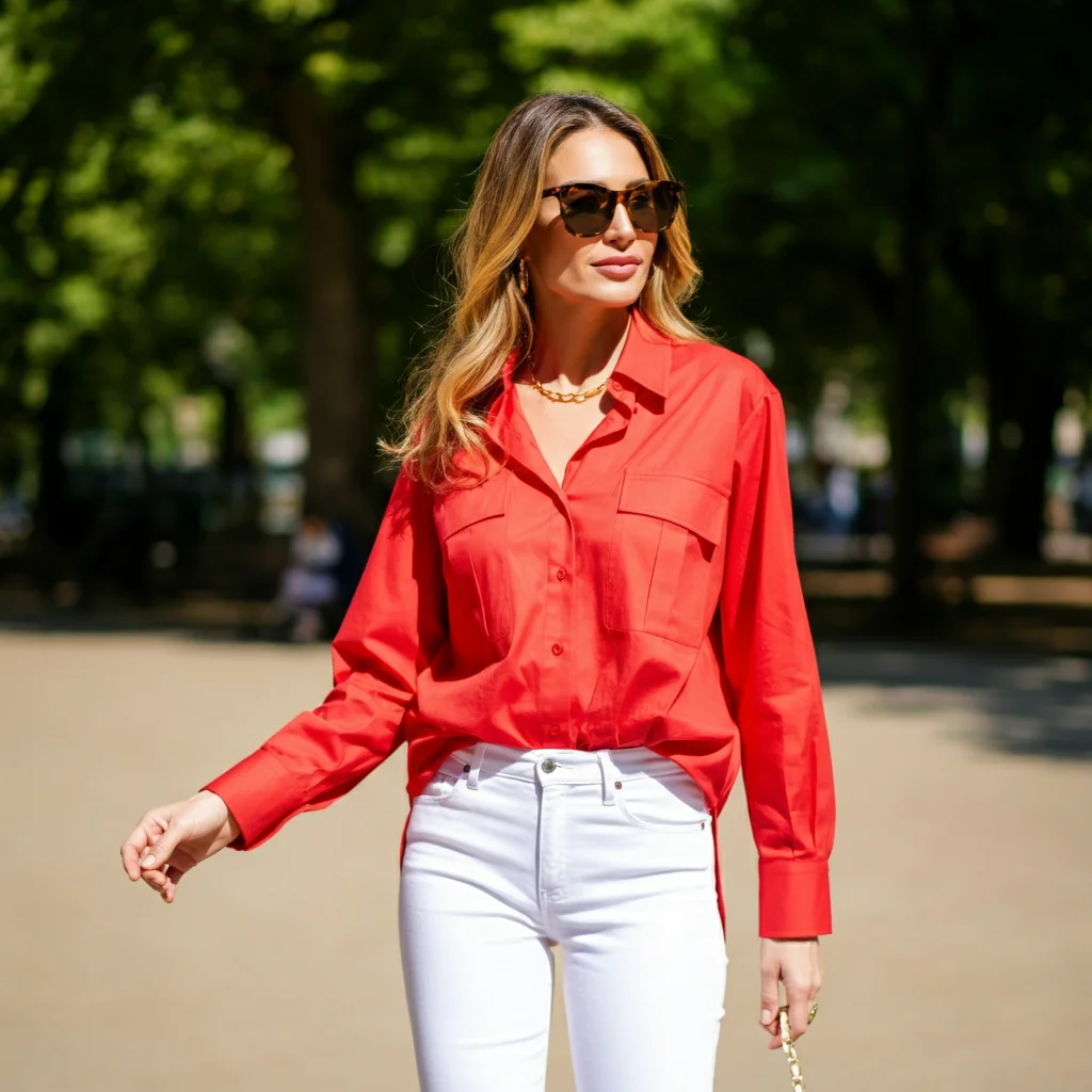 Red Shirt with White Jeans