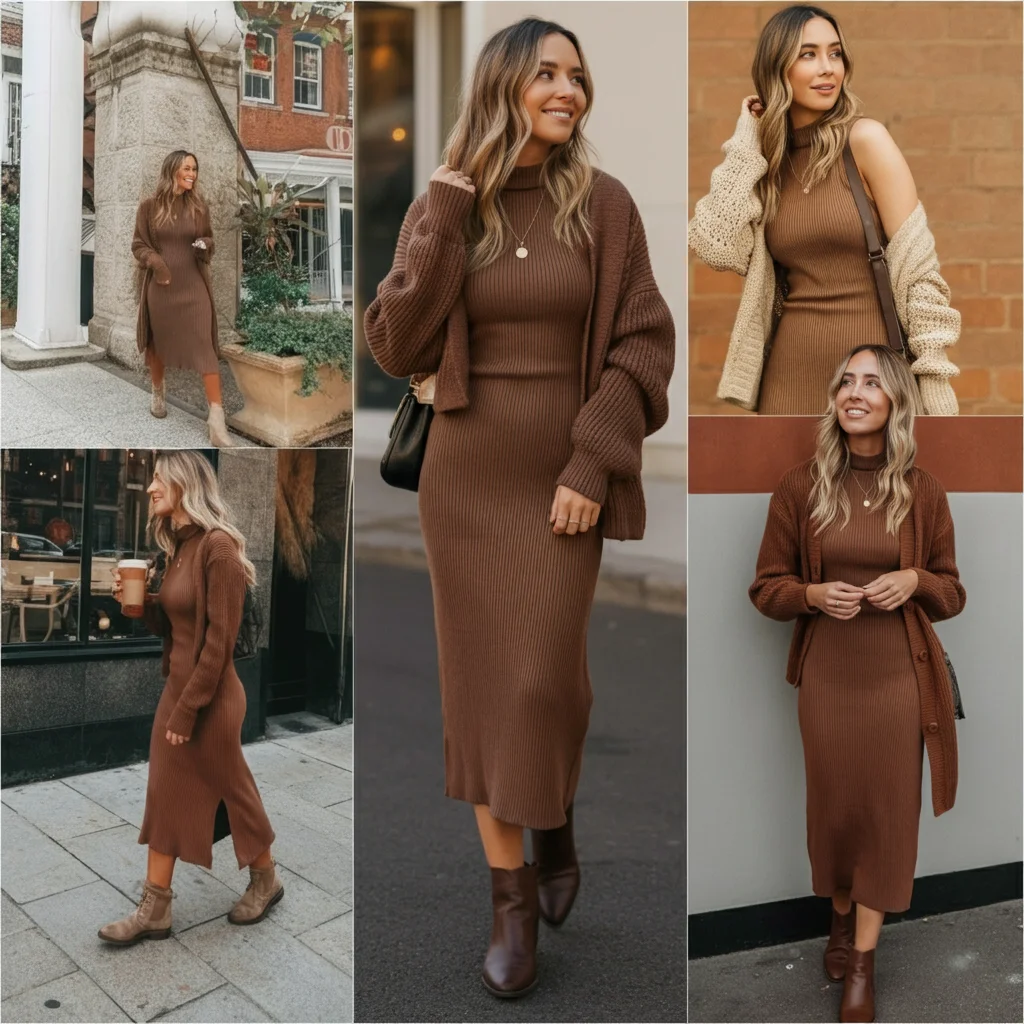Ribbed Brown Midi Dress with Cardigan