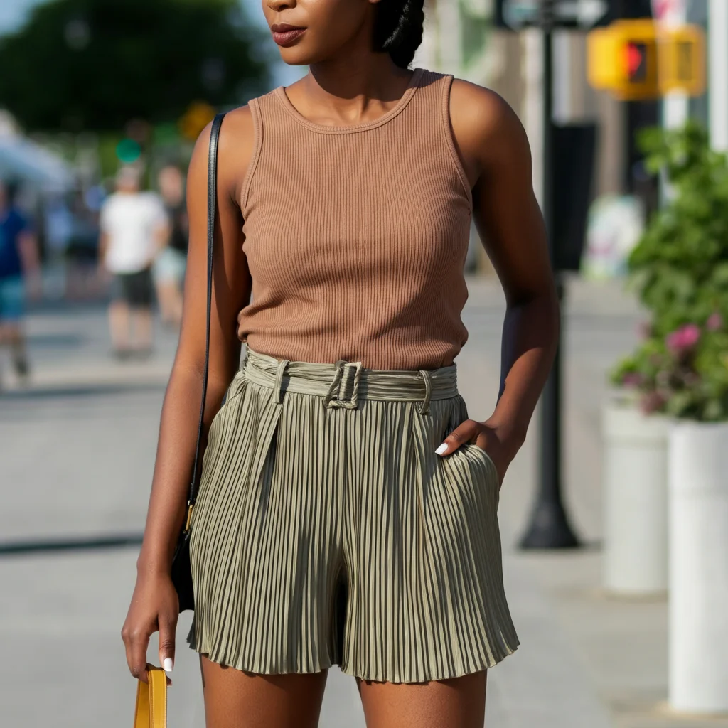 Ribbed tank top with pleated shorts