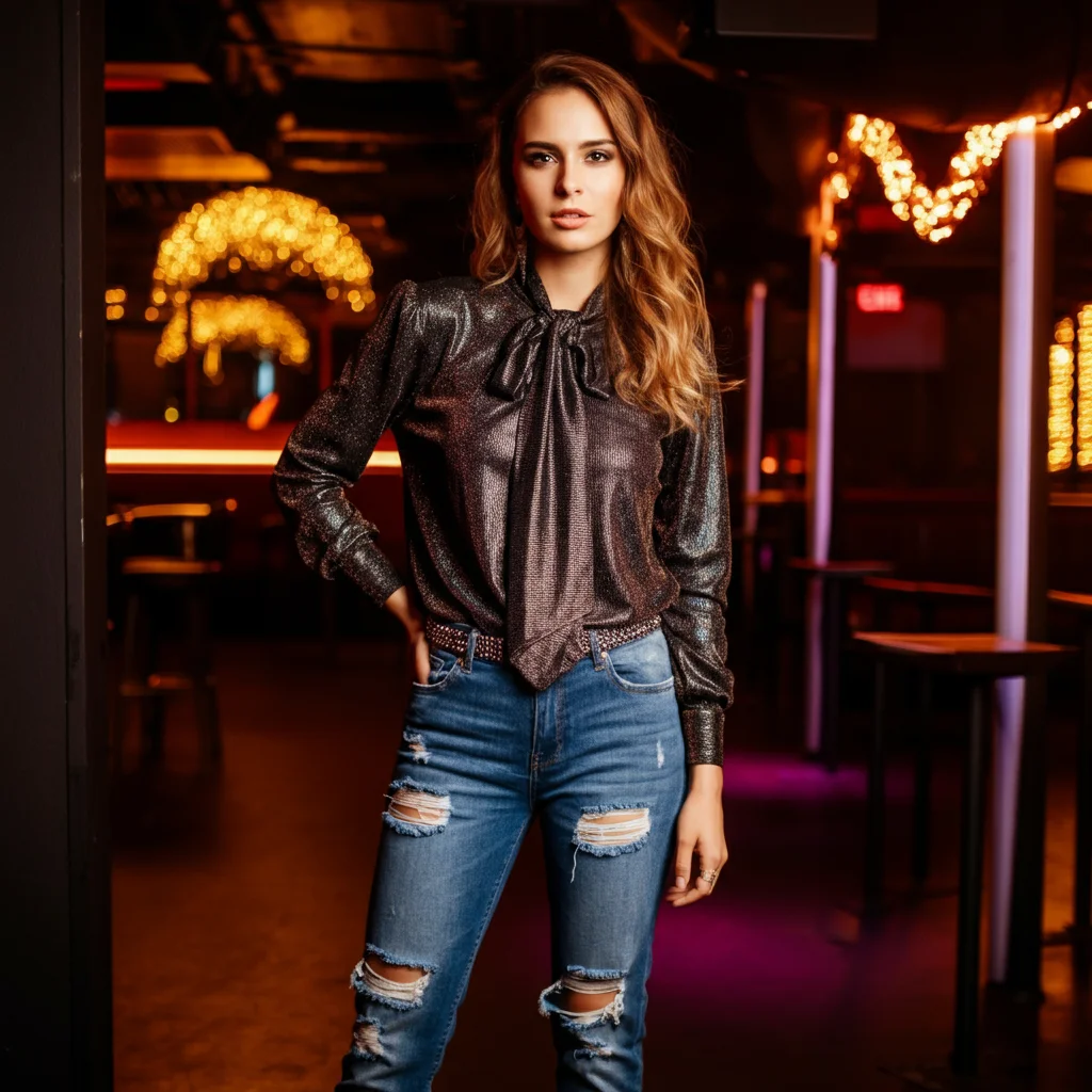 Ripped Jeans with a Metallic Blouse