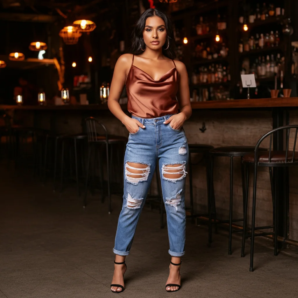 Ripped Jeans with a Satin Cami
