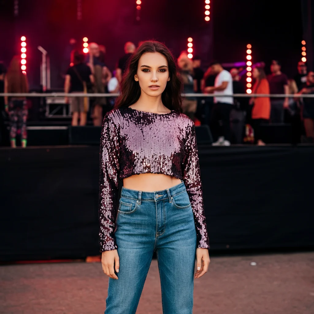 Sequin Crop Top and High-Waisted Jeans