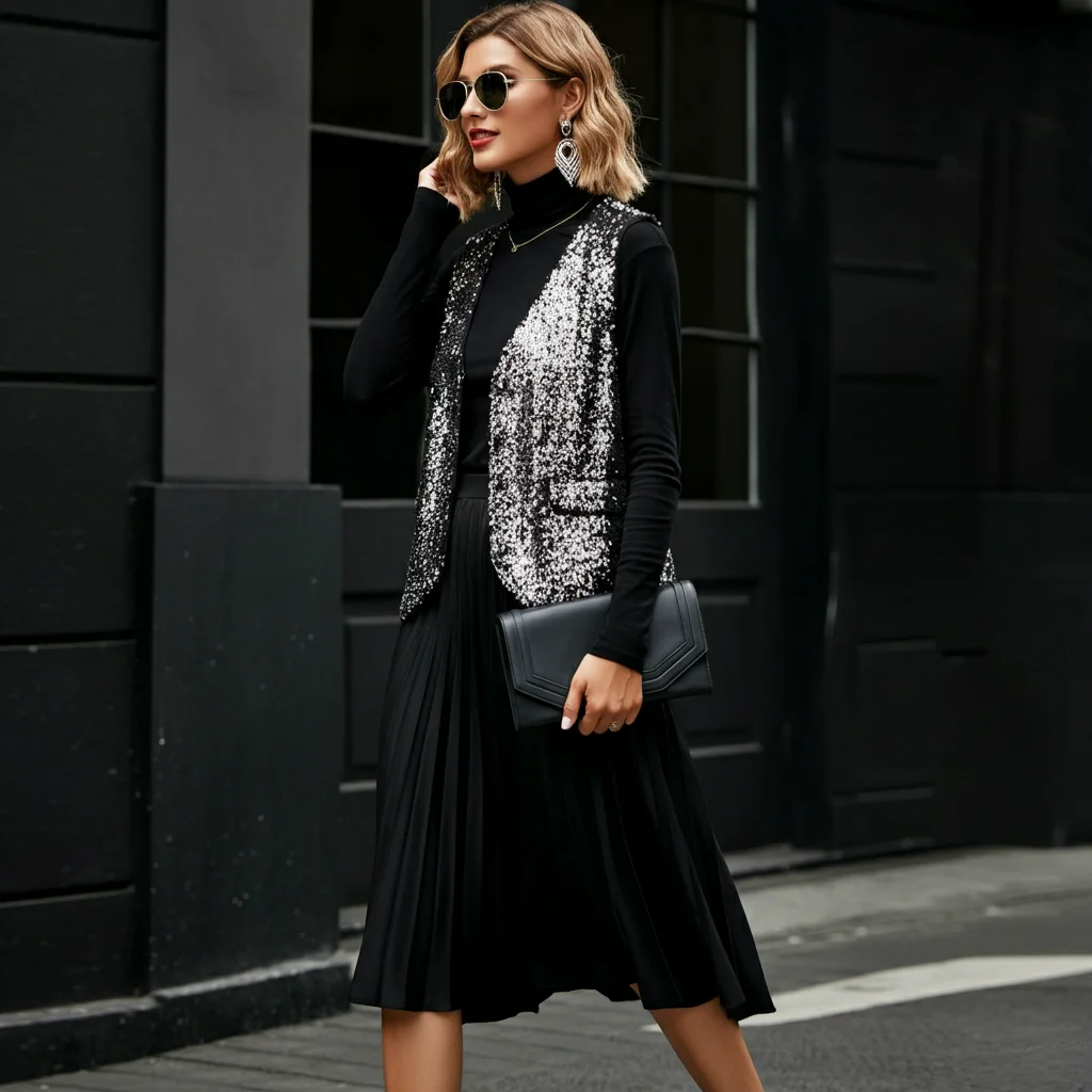 Sequin Vest with Black Midi Skirt