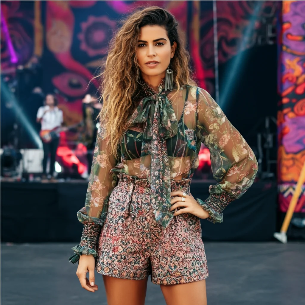 Sheer Top with High-Waisted Shorts