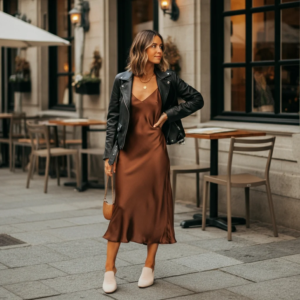 Sleek Brown Slip Dress and Leather Jacket