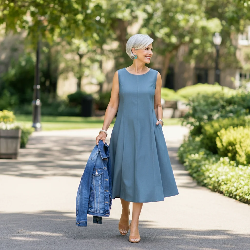 Sleeveless A-Line Dress with a Denim Jacket