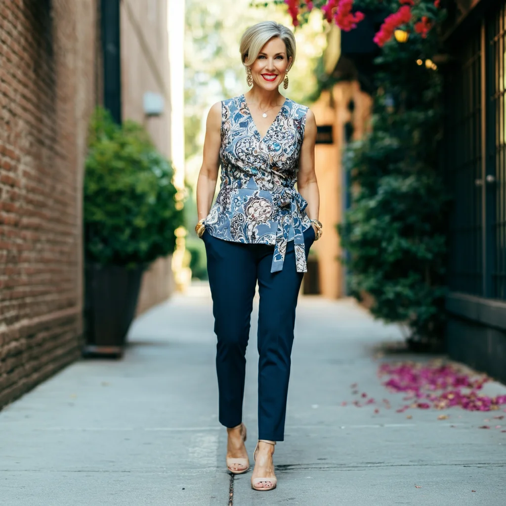 Sleeveless Wrap Top with Cigarette Pants